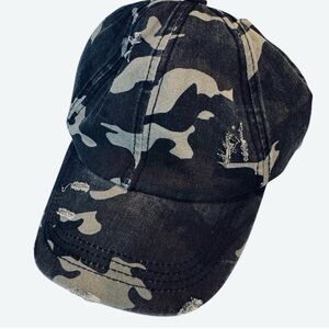 Camo Hat Distressed High Ponytail Criss Cross Back Washed Denim Camouflage